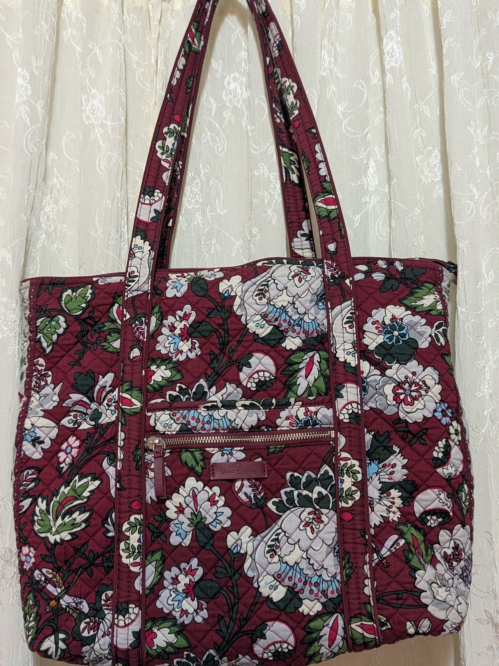 Vera Bradley Quilted Floral Tote in Burgundy and White